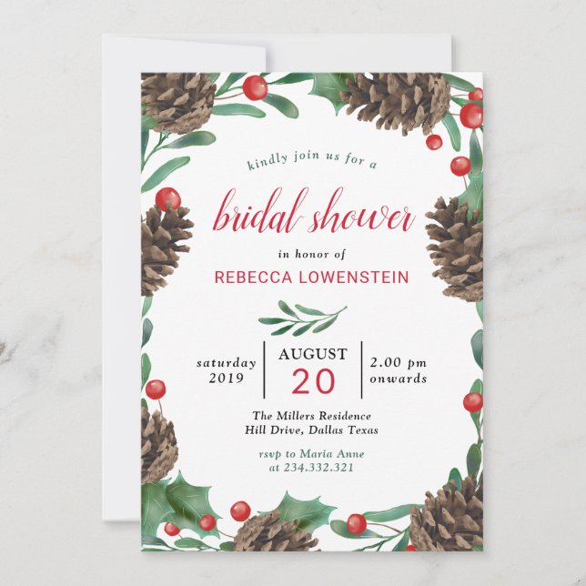 Watercolor Pinecone | Christmas Bridal Shower Invitation (Front)