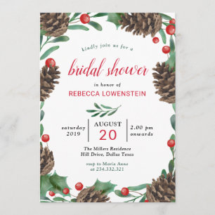 Watercolor Pinecone   Christmas Bridal Shower Invitation