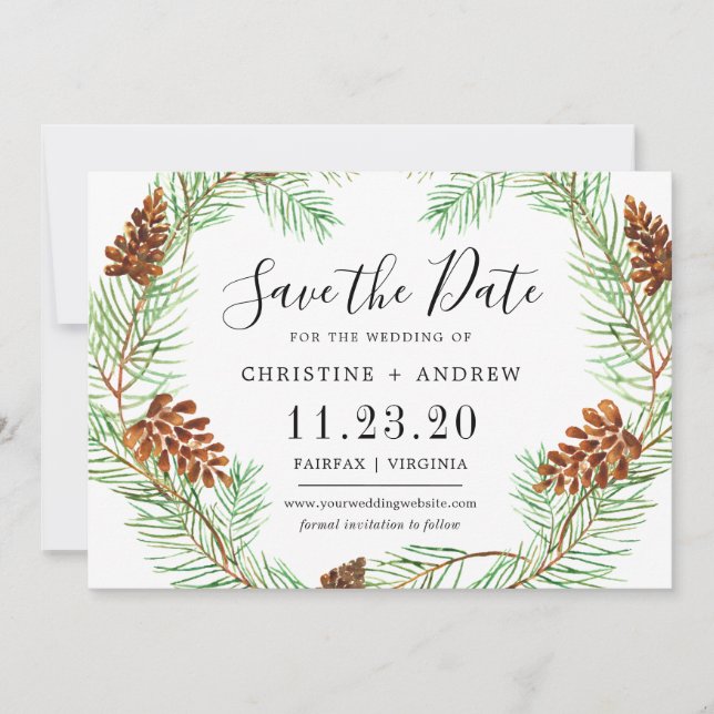 Watercolor Pinecone Elegant Simple Winter Save The Date (Front)