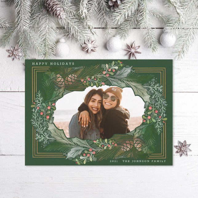 Watercolor Pinecone Green Frame Holiday Photo (Creator Uploaded)