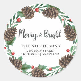Watercolor Pinecone Wreath Holiday Return Address Classic Round Sticker
