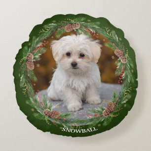 Watercolor Pinecone Wreath Pet Photo Round Pillow