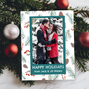 Watercolor Pinecones Berries CUSTOM PHOTO Holiday Postcard