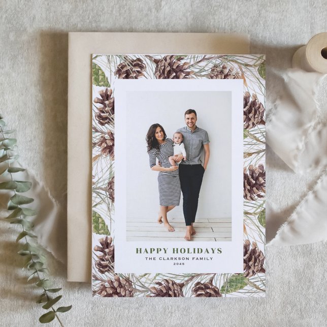 Watercolor Pinecones Pattern Photo Holiday Card (Customizable Photo Holiday Card with Watercolor Pine Cones Pattern)