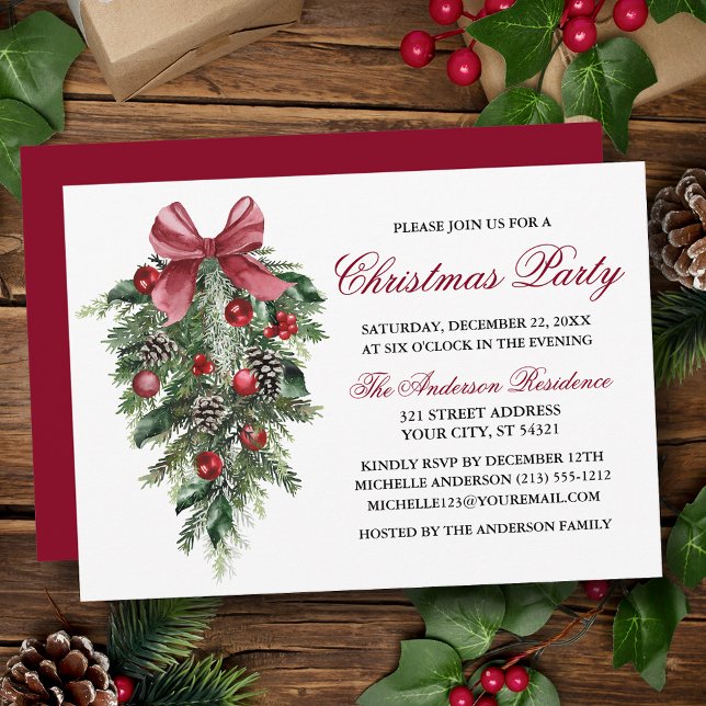 Watercolor Pines Berries Bow Red Christmas Party Invitation (Customize to change text color, size, style or to change color of back of card.)