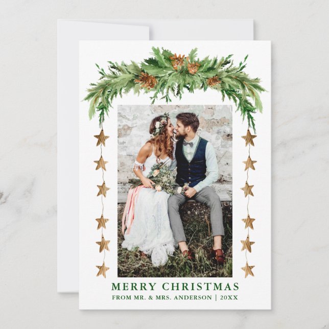 Watercolor Pines Boho Christmas Newlywed Couple Holiday Card (Front)