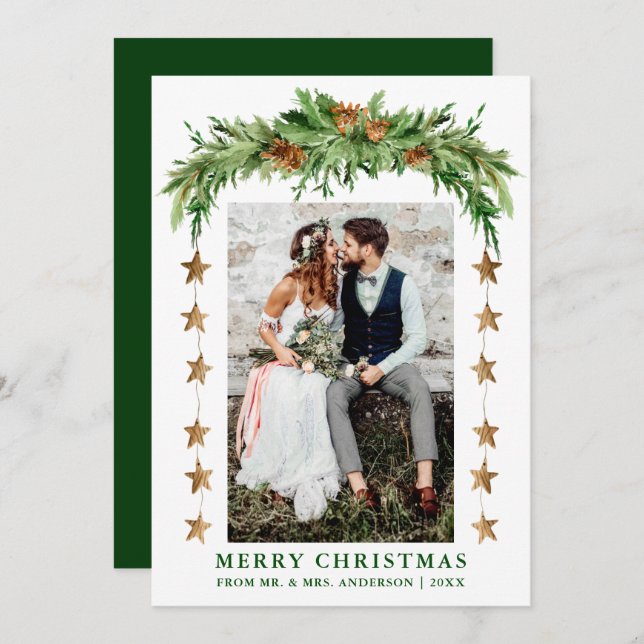 Watercolor Pines Boho Christmas Newlywed Green Holiday Card (Front/Back)