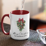 Watercolor Pines Calligraphy Ink Christmas Large Mug<br><div class="desc">Modern Elegant Calligraphy Ink Script Watercolor Pines Winter Greenery with Burgundy Red Ribbon Bow Christmas Ornaments,  Pine Cones and Holly Berries Merry Christmas Large Coffee Mug</div>