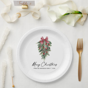 Watercolor Pines Calligraphy Ink Christmas Paper Plate