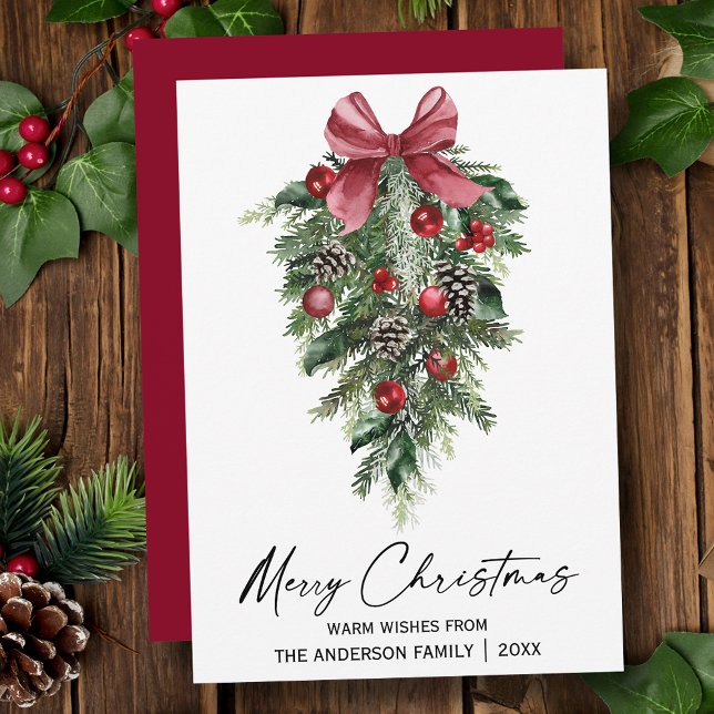 Watercolor Pines Calligraphy Ink Christmas Red Holiday Card (Customize to change your personalized text size, style or change color of back of card.)