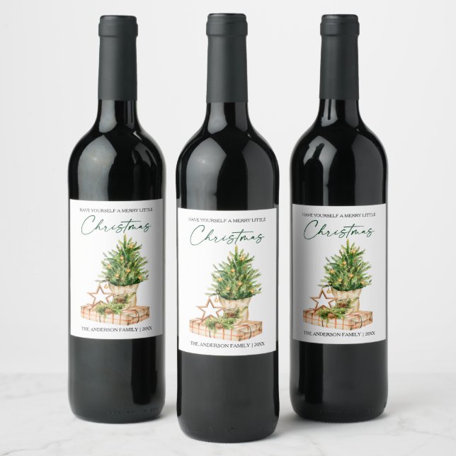 Watercolor Pines Calligraphy Ink Holiday Wine Label (Bottles)