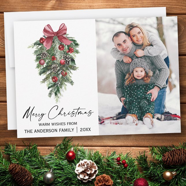 Watercolor Pines Calligraphy Ink Photo Christmas Holiday Card (Customize to change your personalized text size or text style.)