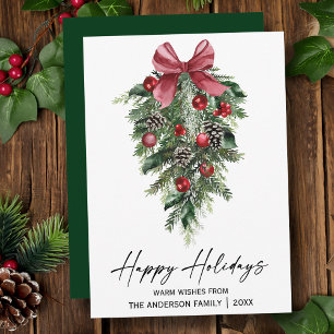 Watercolor Pines Calligraphy Ink Script Green Holiday Card