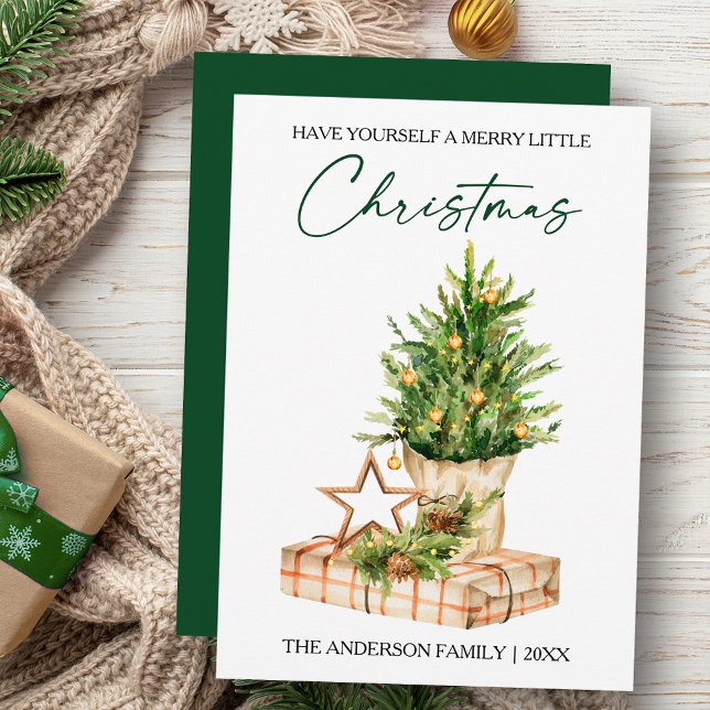 Watercolor Pines Calligraphy Ink Script  Holiday Card (Customize to change your personalized text size, style or change color of back of card.)