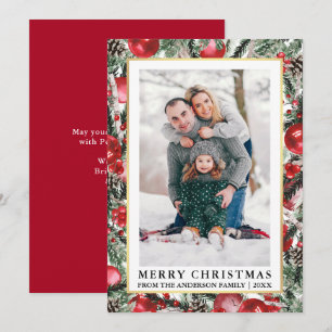 Watercolor Pines Christmas Ornaments Photo Red Holiday Card