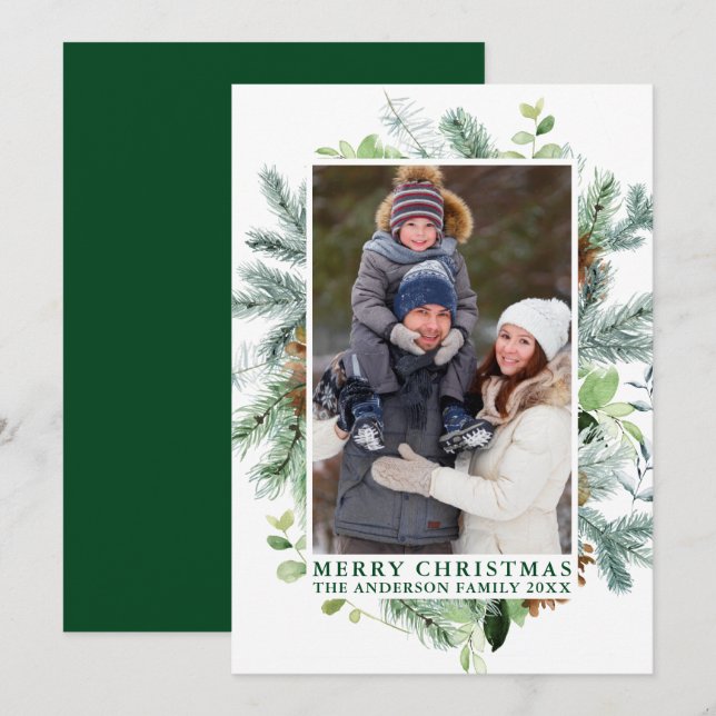 Watercolor Pines Frame Green Merry Christmas Holiday Card (Front/Back)