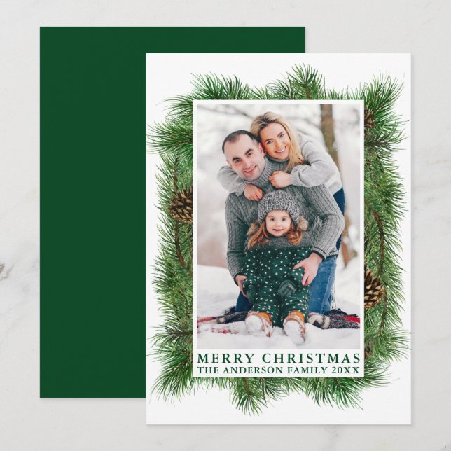 Watercolor Pines Frame Green Merry Christmas Holiday Card (Front/Back)