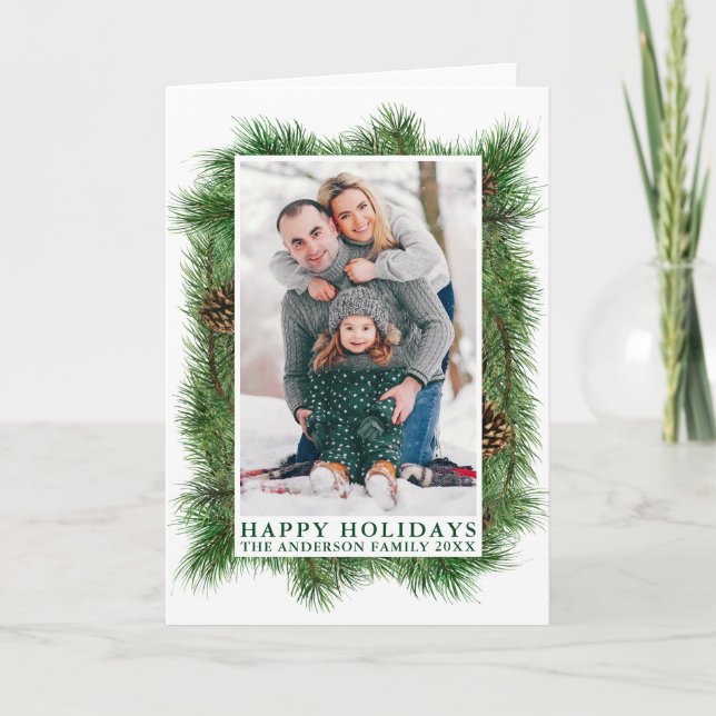 Watercolor Pines Frame Happy Holidays Green Folded Holiday Card (Front)