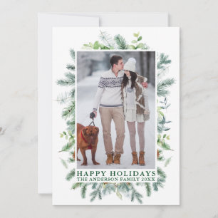 Watercolor Pines Frame Photo Green Holiday Card