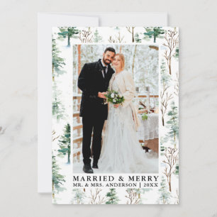 Watercolor Pines Greenery Married and Merry Holiday Card