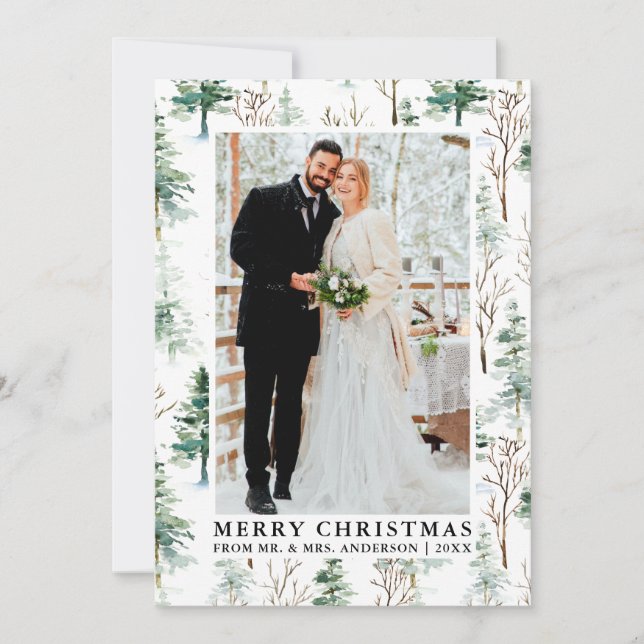 Watercolor Pines Greenery Newlywed Christmas Holiday Card (Front)