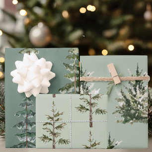 Watercolor Pines on Sage   Scandinavian Holiday Wrapping Paper Sheet