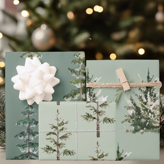 Watercolor Pines on Sage | Scandinavian Holiday Wrapping Paper Sheet (Creator Uploaded)