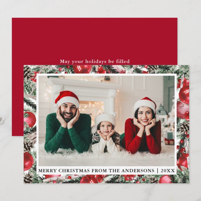 Watercolor Pines Ornaments Photo Christmas Red Holiday Card (Front/Back)