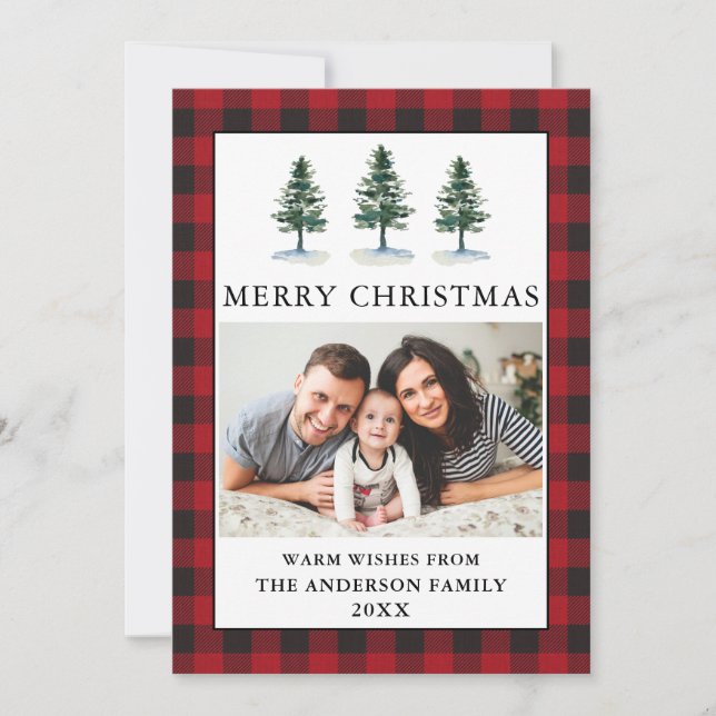 Watercolor Pines Photo Christmas Plaid Holiday Card (Front)