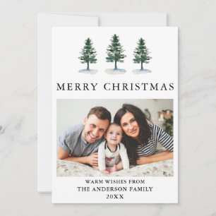 Watercolor Pines Photo Modern Christmas Holiday Card