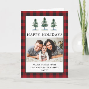 Watercolor Pines Photo Red Plaid Folded Holiday Card
