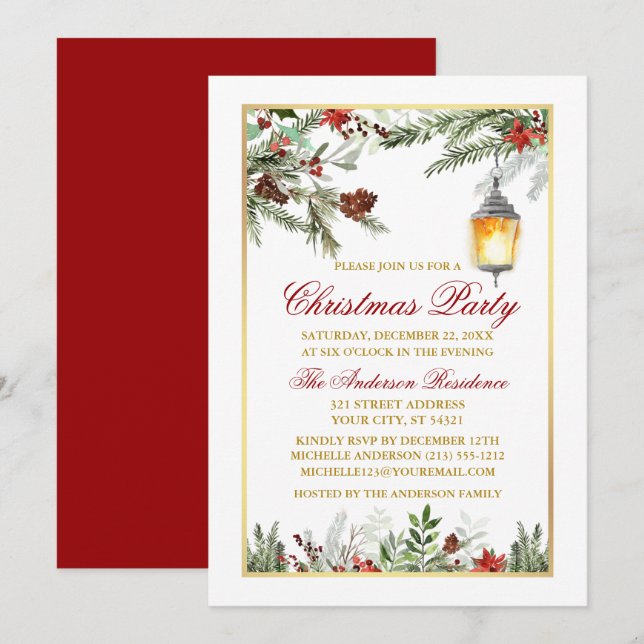 Watercolor Pines Poinsettia Christmas Party Gold Invitation (Front/Back)
