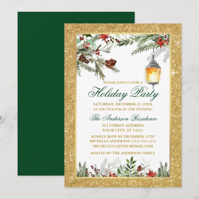 Watercolor Pines Poinsettia Glitter Holiday Party Invitation (Front/Back)