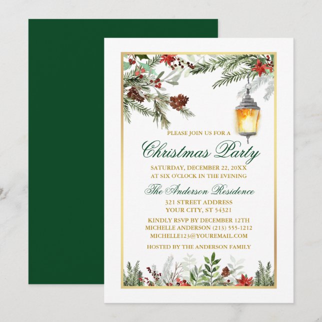 Watercolor Pines Poinsettia Gold Christmas Party Invitation (Front/Back)