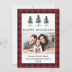 Watercolor Pines Red Plaid Photo Holiday Card