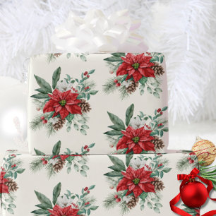 Watercolor Pines Vintage Red Poinsettia Christmas Wrapping Paper