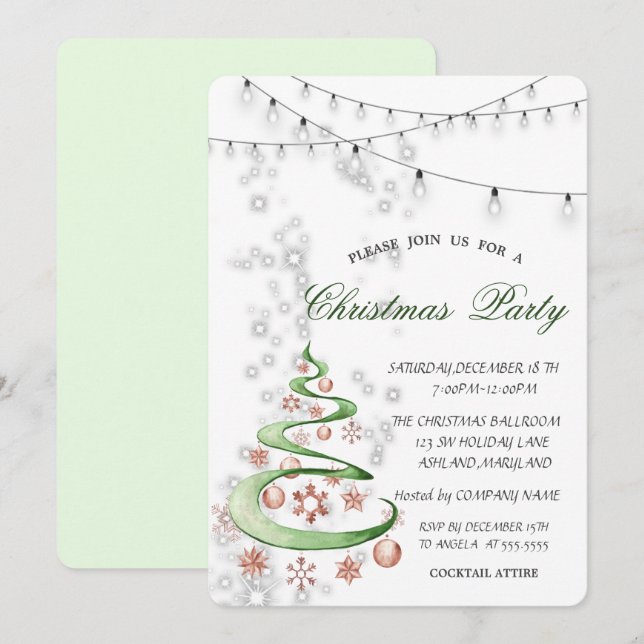 Watercolor PineTree,Balls,Lights,Christmas Party Invitation (Front/Back)