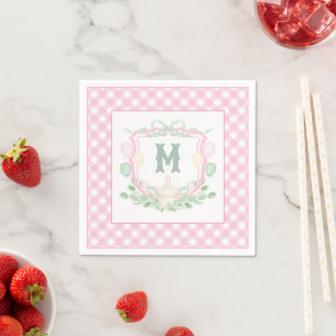 Watercolor Pink 1st Birthday Monogram Crest Party Napkin