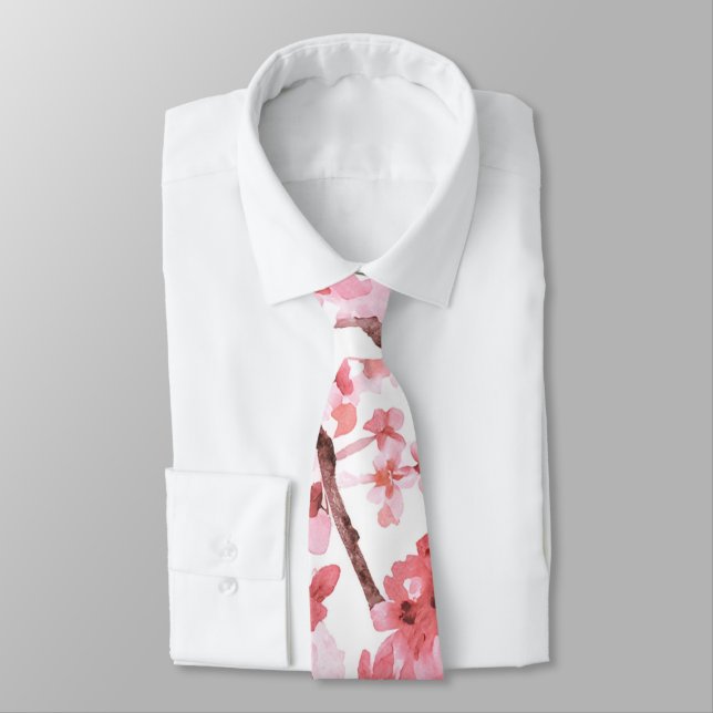 Watercolor Pink Abstract Cherry Blossom Pattern Tie (Tied)