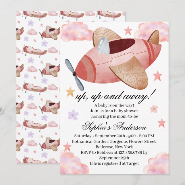 Watercolor Pink Airplane Baby Shower Invitation (Front/Back)