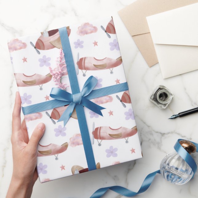 Watercolor Pink Airplane Wrapping Paper (Gifting)