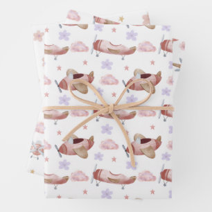 Watercolor Pink Airplane Wrapping Paper Sheet
