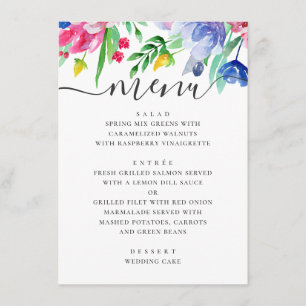 Watercolor pink and blue floral garden wedding menu