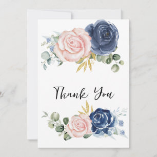 Watercolor pink and blue flower thank you card
