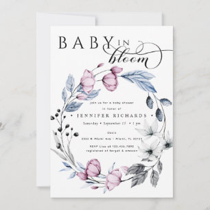 Watercolor Pink and Blue Flowers Baby Shower Invitation