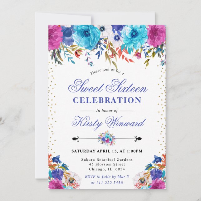 Watercolor Pink and Blue Flowers Sweet 16 Invitation (Front)