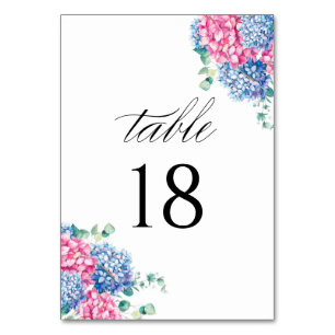 Watercolor Pink and Blue Hydrangea Wedding  Table Number