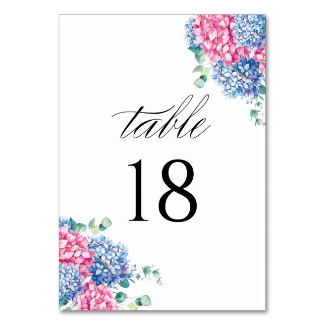 Watercolor Pink and Blue Hydrangea Wedding  Table Number (Front)