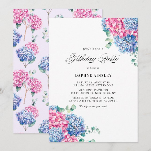 Watercolor Pink and Blue Hydrangeas Birthday Invitation (Front/Back)
