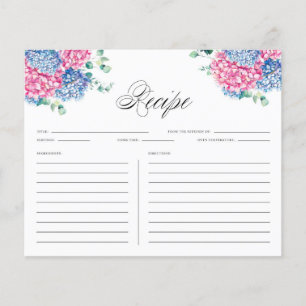 Watercolor Pink and Blue Hydrangeas Recipe Card